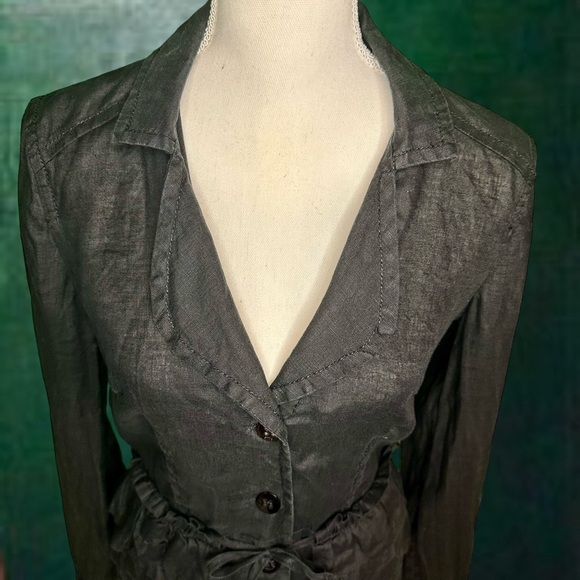 Vintage Armani Jeans Black 100% Linen Button Down Ruffled Waist Blazer Size 6 - Picture 5 of 13